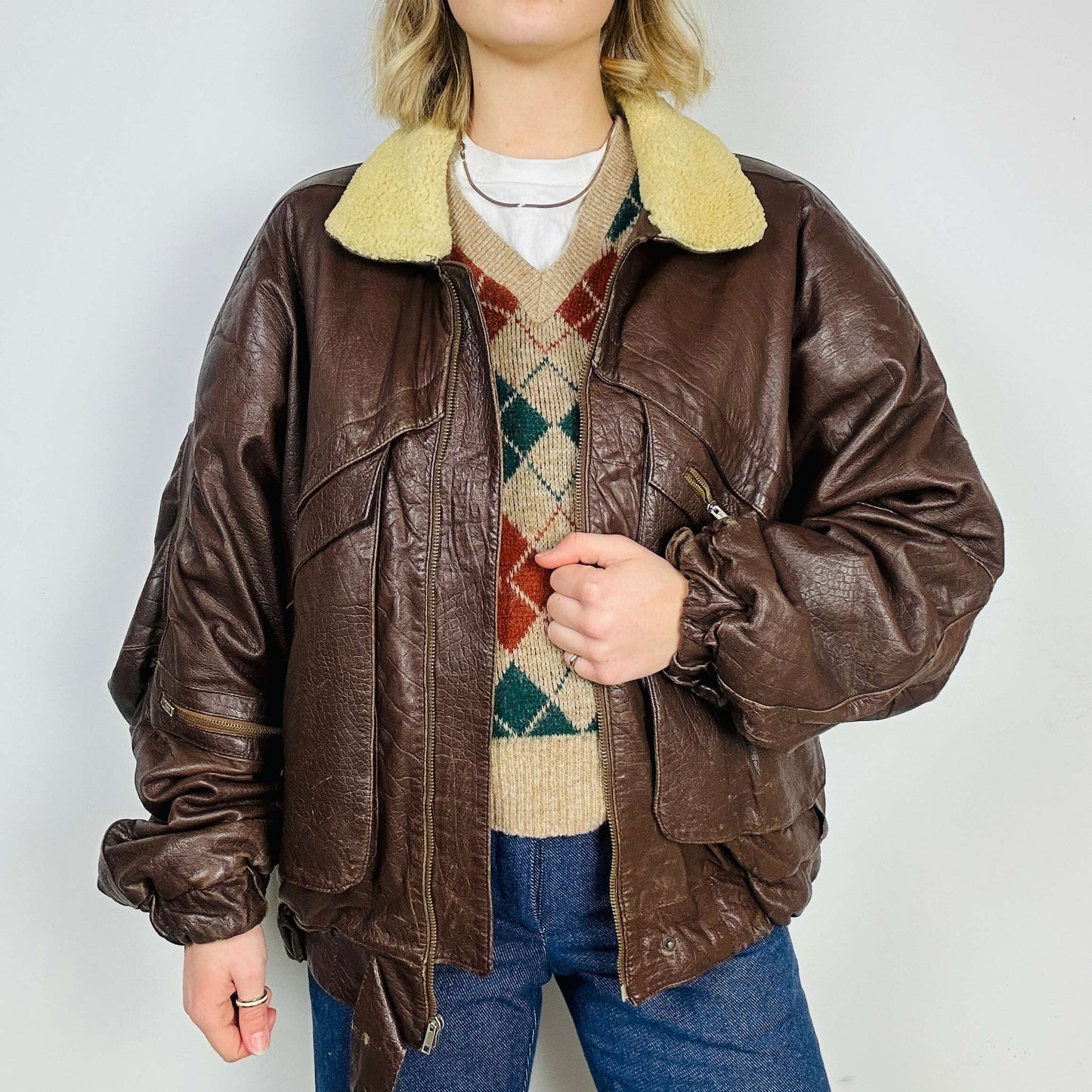 
                  
                    Unisex Vintage Brown Textured Leather Bomber Jacket - XL
                  
                