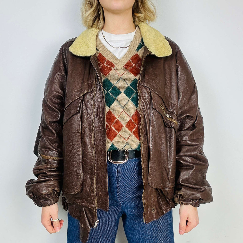 
                  
                    Unisex Vintage Brown Textured Leather Bomber Jacket - XL
                  
                