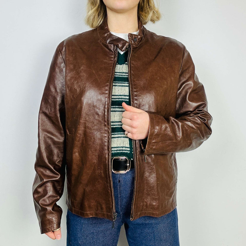 Ladies Brown Leather Zip Up Bomber Jacket - Large