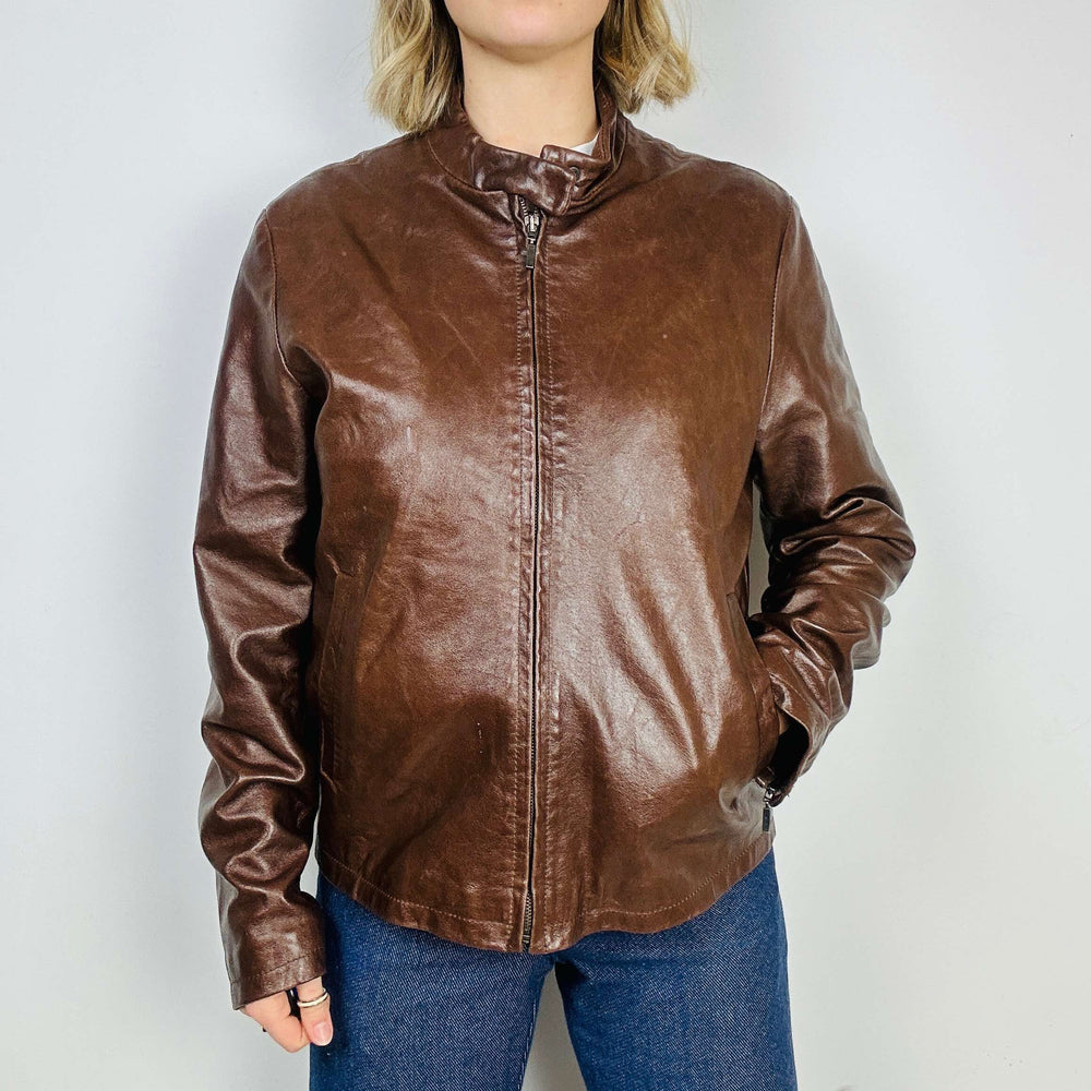 
                  
                    Ladies Brown Leather Zip Up Bomber Jacket - Large
                  
                